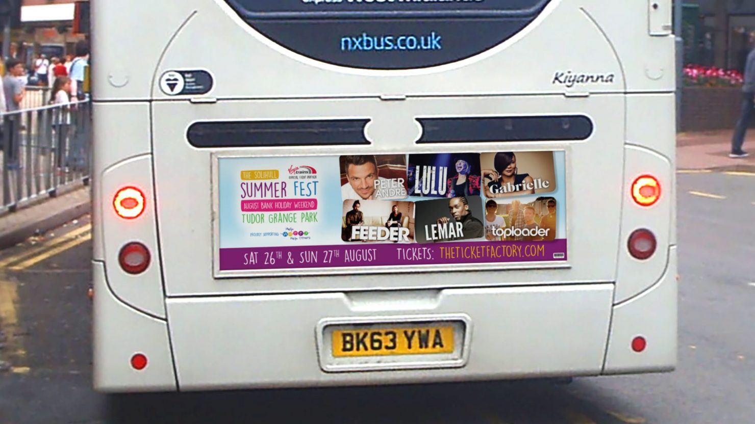 Bus rear advert design for Solihull Summerfest Music festival event in Tudor Grange Park