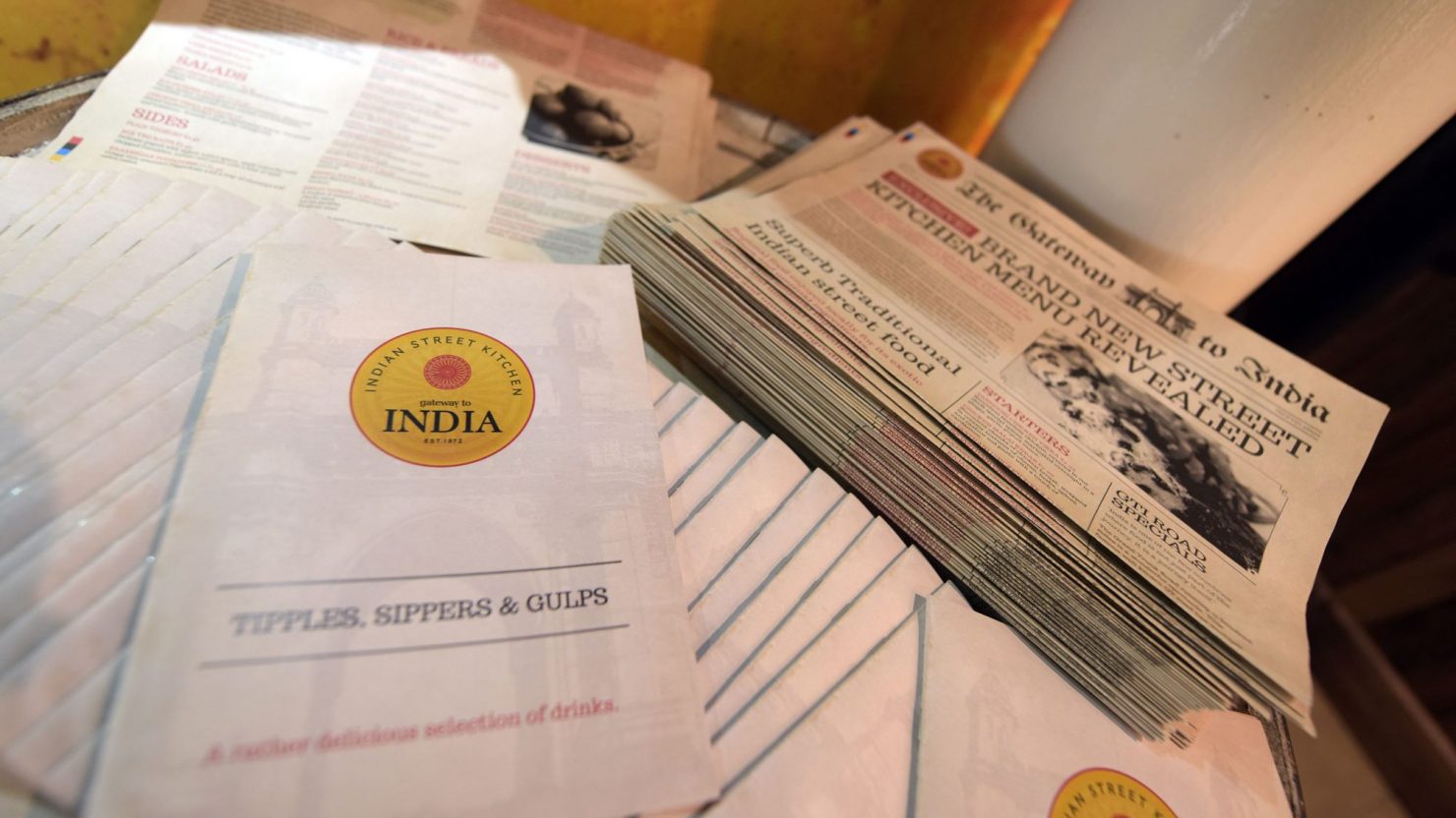 printed menus and wine list graphic design for gateway to india birmingham indian restaurant